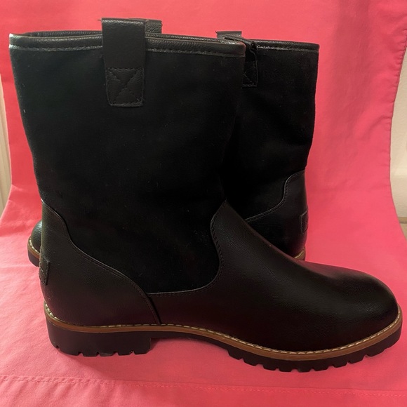 Nautica Boots Black Cream Faux Leather Suede Shearling Women 9.5 Men 8 Cozy Chic - Picture 11 of 13